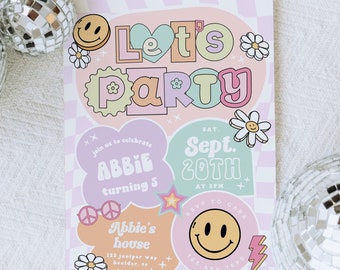 Preppy Smile Face Birthday invite Editable Groovy Retro birthday, Teen Party, Tween Birthday, Any Age Disco Girl Birthday Emoji