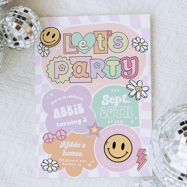 Preppy Smile Face Birthday invite Editable Groovy Retro birthday, Teen Party, Tween Birthday, Any Age Disco Girl Birthday Emoji