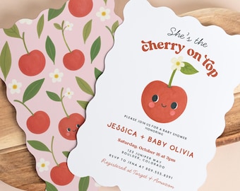 Invitación para baby shower "Cereza en la cima", invitación para baby shower "Ella es la cereza en la cima", invitación para baby shower de niña, linda plantilla de bebé de frutas 265