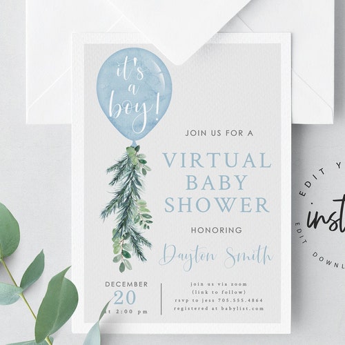 Virtual Baby Shower Invitation Template Greenery Long Etsy