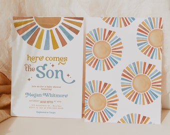 May include: A baby shower invitation with a sunburst design in shades of orange, yellow, and blue. The text reads "here comes the son" and includes details about the event, including the date, time, and location. The invitation is decorated with a watercolor sunburst pattern.