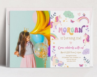 Editable Unicorn Birthday Phto Invitation Magical Party Invite Girl Pink Pastel First Digital Unicorn Party Template Rainbow Canva Download