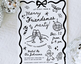 Hand Drawn style Christmas Party Invitation Template, Friendsmas Invite, Festive Cocktail Xmas Holiday Party Invite, Black and White Canva