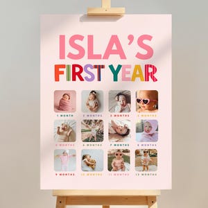 Plantilla de póster fotográfico del primer año, collage de fotos de hitos del bebé, tablero editable de Canva para bebés, exhibición de fotos de 12 meses, póster de cumpleaños 301