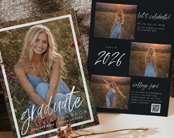 Plantilla de anuncio de graduación, anuncio fotográfico moderno, invitación de graduación de 2026, plantilla de Canva para fotos de último año G2