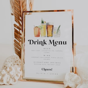 Modern drankmenubord, bruiloftsbarmenu, bewerkbaar barmenubord, barmenu minimalistische bruiloft, bruidsbarmenu, menusjabloon feestbar 707
