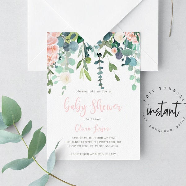 Baby Shower invitation, Greenery Baby Shower Invitation, Pink baby shower invitation, template, digital download printable invite, 19