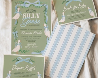 Könnte beinhalten: Eine Babyparty-Einladung mit grünem Hintergrund und blauen und weißen Akzenten. Die Einladung zeigt eine Comic-Gans und den Text "A Little Silly Goose is Almost Here!" Die Einladung enthält auch den Namen "Marissa Marks" sowie Datum und Uhrzeit der Party.