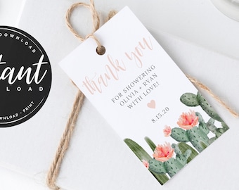 May include: Thank you tag with a cactus and floral design. The tag is white with pink text that says "Thank you" and "For showering Olivia & Ryan with love!" The date 8.15.20 is also printed on the tag.