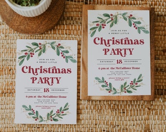 May include: Two Christmas party invitations with a festive design. The invitations feature the words "Christmas Party" in burgundy, surrounded by green leaves and red berries. The date and time are also included.