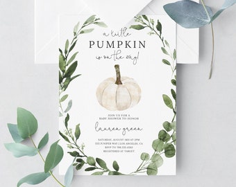 Baby Shower invitation, A Little Pumpkin Is On The Way, Fall Baby Shower Invitation, Greenery Baby Shower, invitation, template, AI-