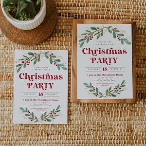 Christmas Party Invitation Template, Christmas Party Invite, Holiday Party Invitation, Christmas Invitation Holly Greenery Instant Download