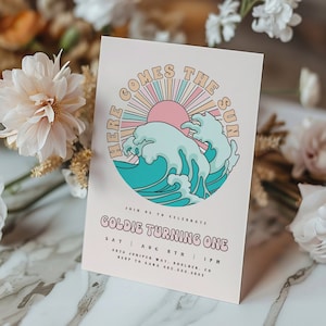 Bewerkbaar Here Comes The Sun Girl verjaardagsuitnodigingssjabloon, retro zomerverjaardag, strandverjaardag Instant Download EVITE