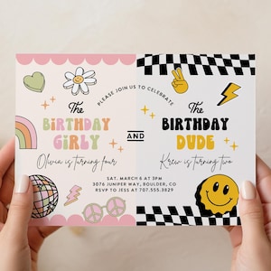 Invito di compleanno per ragazzo e ragazza, invito di compleanno per fratelli, festa di compleanno congiunta, invito di compleanno doppio, controllo del sorriso retrò groovy