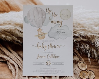 Editable Baby Shower invitation, Gender Neutral Baby Shower Invitation, Bear Baby Shower Hot Air Balloon, Up Up and Away, template 28