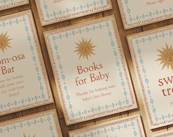 Celestial Sun Baby Shower Sign Set, Editable 8x10 Baby Shower Signs, Retro Folk Baby Shower Decor, Canva Template 355