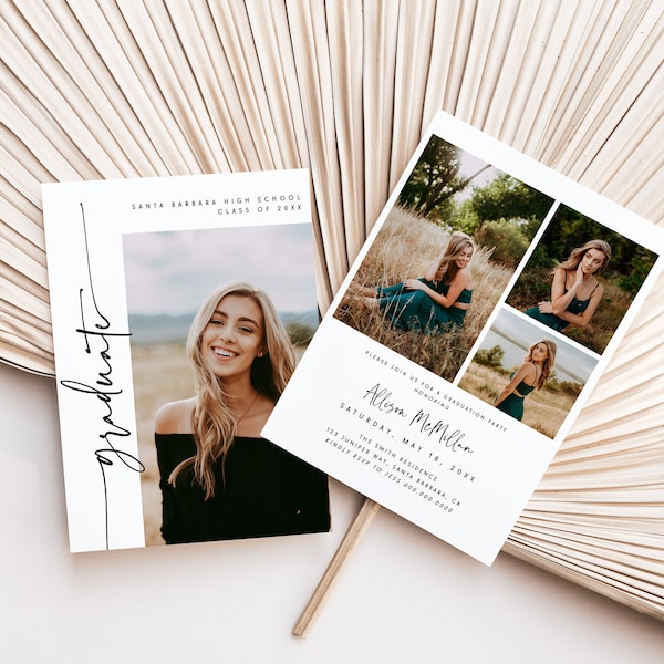 Senior Announcement Card, Minimalist Graduation Announcement, Graduation Party Template, Multiple Photo Graduation Invite 707