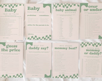 Sage Green Retro Baby Shower Game Bundle, Gender Neutral Baby Shower Games, Shower Games Pack, Baby Shower Trivia, Fully Editable Download