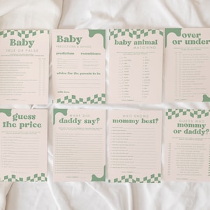 Sage Green Retro Baby Shower Game Bundle, Gender Neutral Baby Shower Games, Shower Games Pack, Baby Shower Trivia, Fully Editable Download