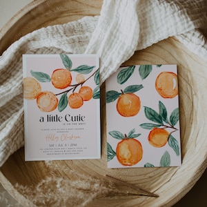 NORA A Little Cutie is on the Way Clementine Girl Baby Shower Invitation, Citrus Baby, Blush Pink Instant Download, Editable Template