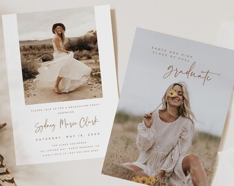 May include: Two graduation party invitations with photos of a young woman in a white dress. The invitation on the left has the text "Sydney Marie Clark" and "Saturday, May 18, 20XX". The invitation on the right has the text "Santa Ana High Class of 2024 graduate".