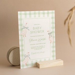 Goose Baby Shower Invitation, Gender Neutral Classic Baby Shower Invite, Green Baby Shower Gingham Plaid Baby Shower Editable Canva Template
