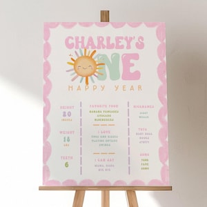 One Happy Girl Birthday Milestone Sign Template, Girl First Birthday Stats Sign, Sun Sunshine Birthday Decor Editable Template Canva 242