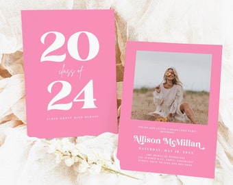 Hot Pink Graduation Invitation Template, Senior Graduation Announcement, Graduation Party Template, Multiple Photo Graduation Canva 707