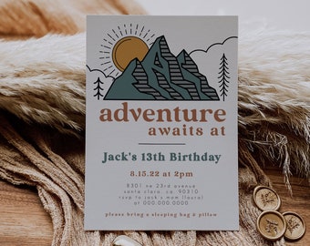 Adventure Awaits Birthday Invitation, Boy Birthday Invite, Mountain Outdoors birthday, Wilderness Instant Editable Template 159