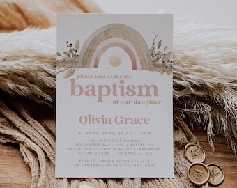 Rainbow Baptism Invitation, boho baptism invitation template, Girl Baptism invitation, Rainbow Baptism, digital download, oh baby, 80