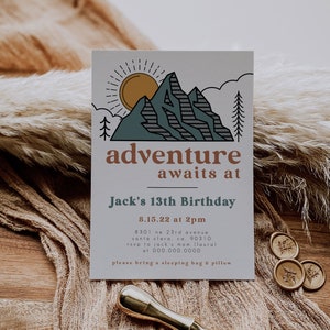 Adventure Awaits Birthday Invitation, Boy Birthday Invite, Mountain Outdoors birthday, Wilderness Instant Editable Template 159