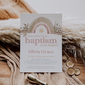 Rainbow Baptism Invitation, boho baptism invitation template, Girl Baptism invitation, Rainbow Baptism, digital download, oh baby, 80