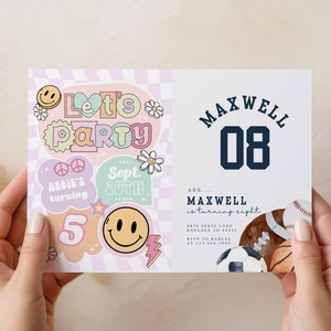 May include: A colorful invitation for a birthday party with the text "Let's Party" in a retro font. The invitation features a smiley face, a peace sign, and a star. The text "Abbie's turning 5" and "Sept. 20th" are also included. The other side of the invitation features a white background with the text "Maxwell 08" in a blue and white font. The text "And... Maxwell is turning eight" is also included.