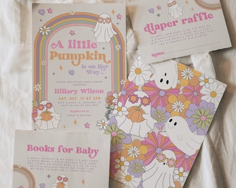 May include: A baby shower invitation with a rainbow and ghost theme. The invitation says "A little Pumpkin is on her way..." and includes the date, time, and location of the shower. There is also a diaper raffle card and a card that says "Books for Baby".