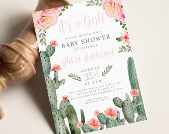 SUCCULENT BABY SHOWER Invitation Girl Pink Watercolor flowers baby shower invitation Cactus Fiesta Baby shower pink girl baby shower 100