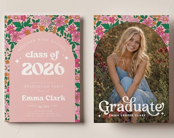 May include: Graduation announcement cards with a floral design. One card features the text "Class of 2026" and event details. The other card has a photo of a smiling graduate with the word "Graduate".
