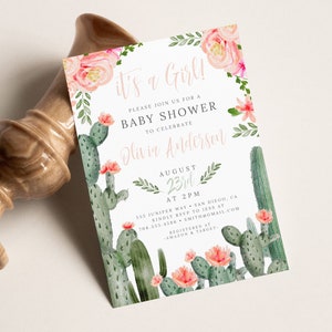 Invito per baby shower SUCCULENT per bambina, invito per baby shower con fiori rosa ad acquerello, Cactus Fiesta Baby shower rosa per bambina, baby shower 100
