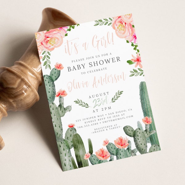 SUCCULENT BABY SHOWER Invitation Girl Pink Watercolor flowers baby shower invitation Cactus Fiesta Baby shower pink girl baby shower 100