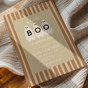 Little Boo Baby Shower Invitation Template, Gender Neutral Ghost Invite, Vintage Fall Halloween Baby Shower Editable Canva 349