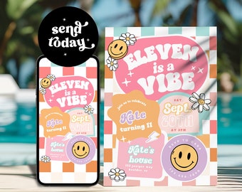 Editable ELEVEN is a Vibe Checkered Smile Face Birthday invite, Groovy Retro birthday, emoji invitation Tween Birthday Girl 11th Birthday 67