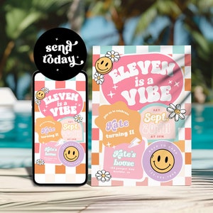 Editable ELEVEN is a Vibe Checkered Smile Face Birthday invite, Groovy Retro birthday, emoji invitation Tween Birthday Girl 11th Birthday