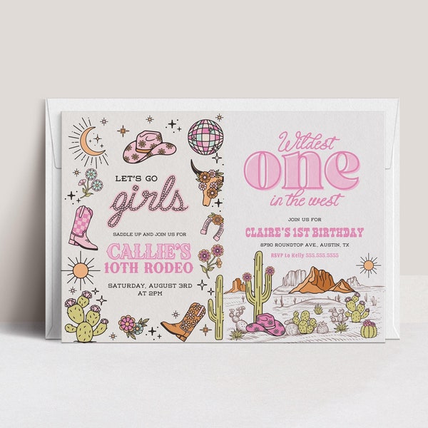 Invitación de cumpleaños para hermanas vaqueras, invitación de cumpleaños para hermanas, fiesta de cumpleaños conjunta, invitación de cumpleaños doble, cumpleaños de rodeo del salvaje oeste