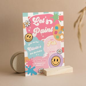 Sjabloon schilderij verjaardagsfeestje, ELKE LEEFTIJD, Daisy Paint Party verjaardagsuitnodiging, retro meisje verf verjaardagsfeestje, Paint Birthday
