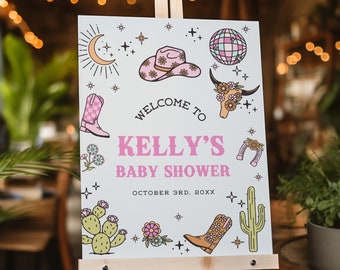 Znak powitalny na baby shower dla kosmitów, edytowalny znak powitalny na disco rodeo dla małej kowbojki, szablon powitalny do natychmiastowego pobrania