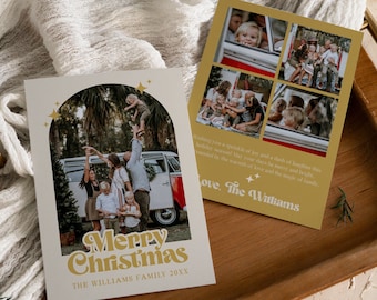 BOHO Photo Christmas Card Template | Arch Christmas Card | Gold Holiday Card Retro Christmas Card | Merry Christmas Editable Template Canva