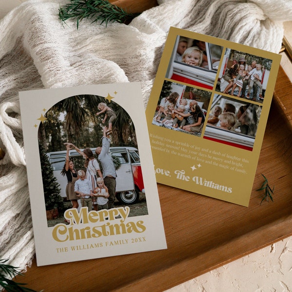 BOHO Photo Christmas Card Template | Arch Christmas Card | Gold Holiday Card Retro Christmas Card | Merry Christmas Editable Template Canva