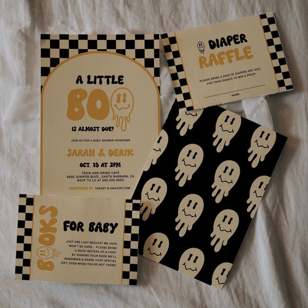 Retro Checker Little Boo Baby Shower Invitation Set, Halloween Baby Shower Invite, Instant Download Editable Template, 205