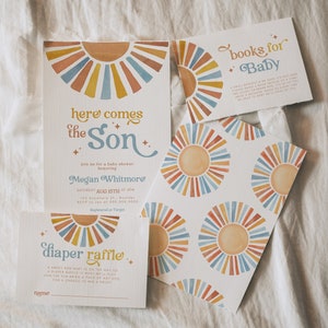 Set modificabile per baby shower "Sunshine", baby shower "Here Comes The Son", invito per baby shower per maschietto, modello Canva, richiesta del libro "Blue Boy Sonshine"