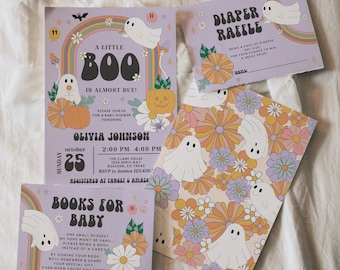 May include: A collection of baby shower invitations and inserts with a retro theme. The invitations are lavender with ghost and floral illustrations. The text includes "A Little Boo is Almost Due!" and "Diaper Raffle".