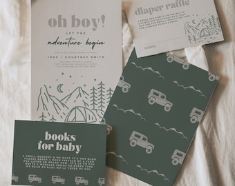 May include: A baby shower invitation with a mountain and tent design. The invitation says "Oh Boy! Let the adventure begin" and includes the names Jake and Courtney Smith. There is also a separate card that says "Books for Baby" and asks guests to bring a book instead of a card.
